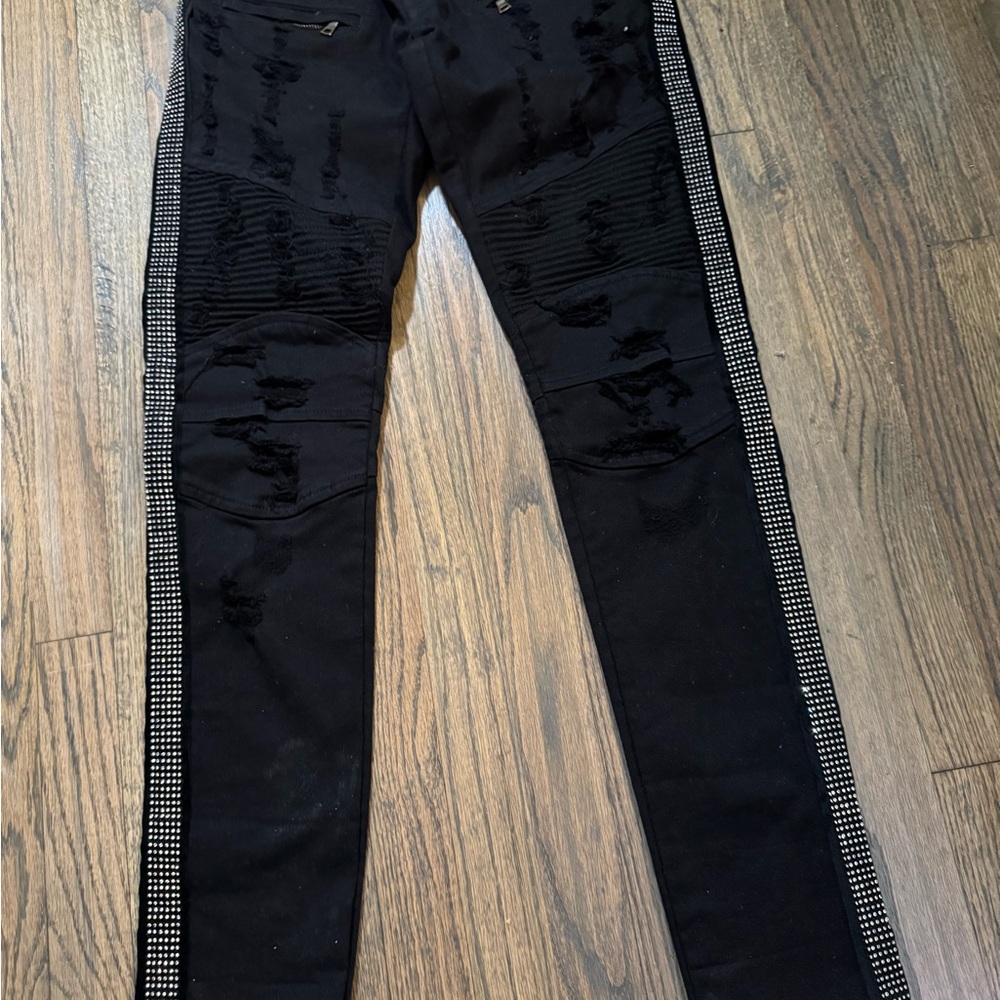 Enfocus Studio Men’s Black Skinny Jeans with Studded Side Stripes